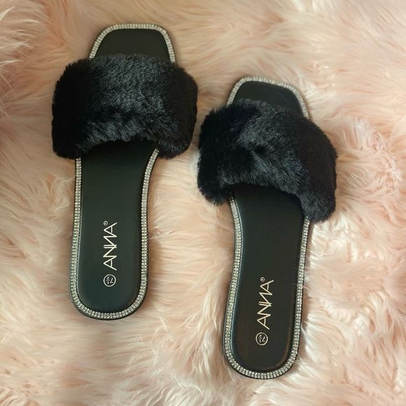 Anna Shoes - Black faux fur rhinestone slip ons
